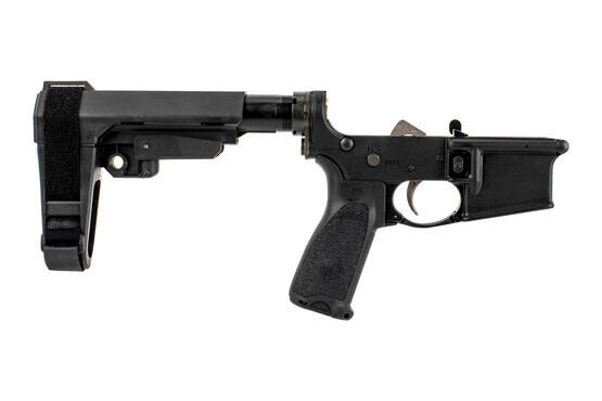 Bravo Company pistol lower is fully assembeled with a multi-position SBA3 pistol stabilizing brace